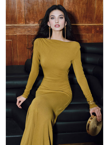 Women’s Lightweight Knit Dress – Deconstructed Pleats, Boat Neck, Slim A-Line Fit