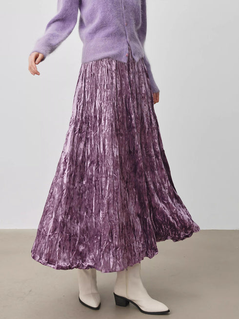 Champagne Velvet Pleated Skirt for Women — High-Waist Long A-Line Winter Skirt