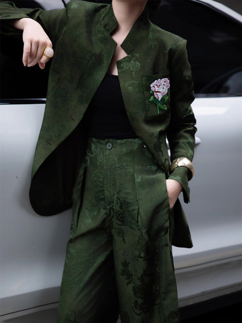 Embroidered Beaded Jacquard Suit Set – Sophisticated Blazer & Wide-Leg Pants