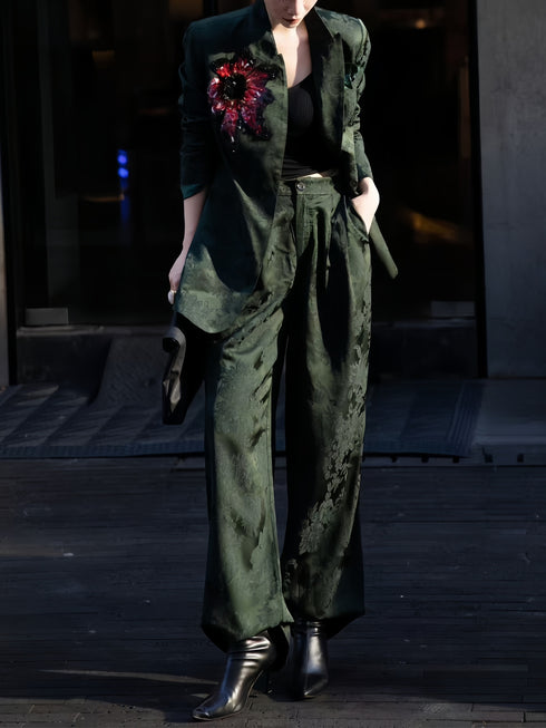 Quiet Luxury Suit Set – Premium Retro Jacquard & Beaded Wide-Leg Two-Piece