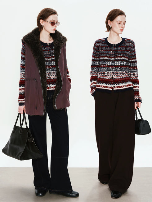 Bohemian Artist Vintage Literary 100% Wool Fair Isle Heavy Jacquard Knit Cardigan for Women