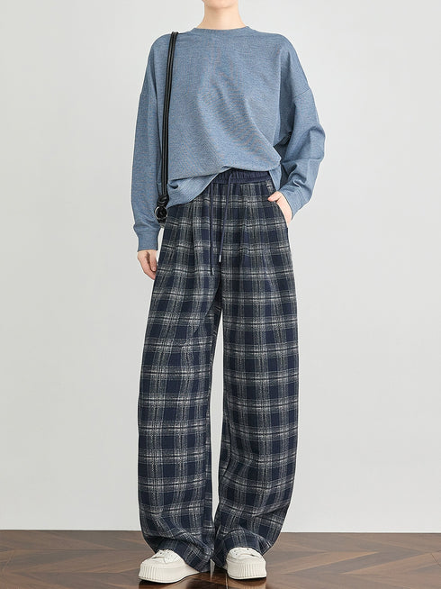 Women's Blue Plaid Wide-Leg Pants – Fall/Winter Casual Jogger Sweatpants with Curved Seam, Flattering Fit