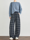 Women's Blue Plaid Wide-Leg Pants – Fall/Winter Casual Jogger Sweatpants with Curved Seam, Flattering Fit