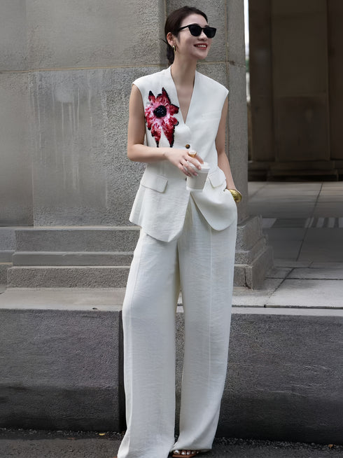 Women’s Embroidered Two-Piece Set – Sleeveless Top & Wide-Leg Pants, Elegant Old Money Style