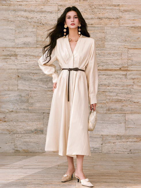 Silk Jacquard Satin Shirt Dress for Women – Belted Waist Flared A-Line Long Dress with Lustrous Finish