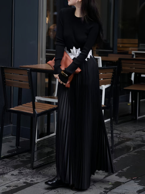 Elegant Designer Pleated Dress – Knit Patchwork Embroidery Slim Fit Luxury Midi Dress for Women