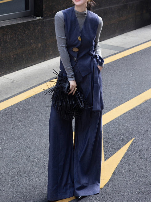 Old Money Style Women's Set – Autumn Navy Blue Slim Tie-Waist Vest & Wide-Leg Pants Two-Piece