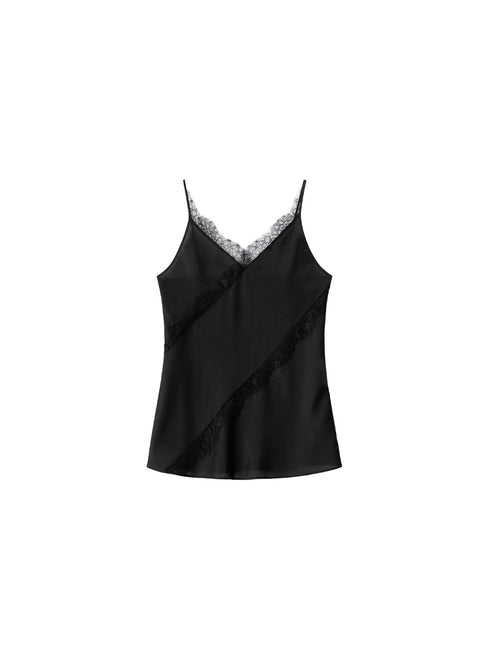 Smooth Satin Weave French Lace Trim Asymmetric Cut Cami Top / Skirt Set