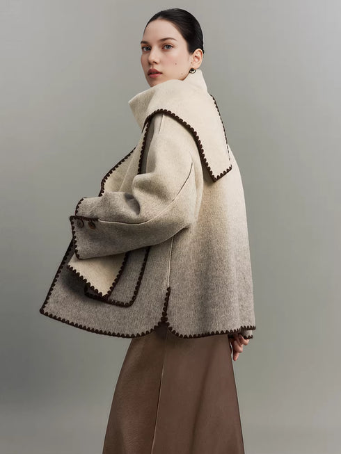 Women's Minimal Luxury Gradient Wool Double-Faced Coat with Detachable Color-Block Scarf – Mid-Length Winter Overcoat