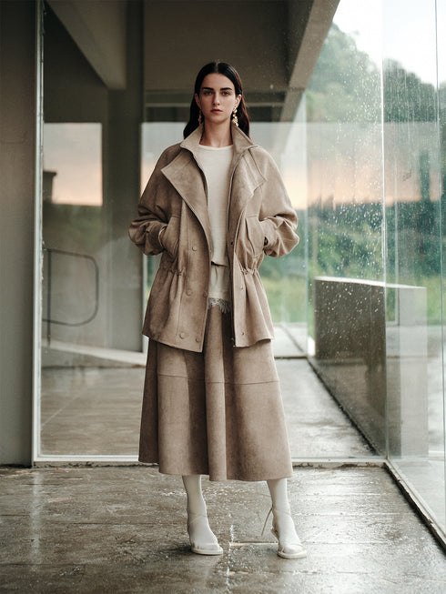 Suede Touch Double-Layer Jacket & Chic Midi Skirt Set – Eco Brushed Fabric