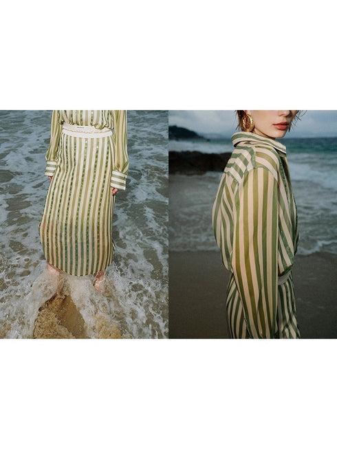 Ultra-Light 75D Chiffon Sequin-Striped Shirt & Skirt Set | Chic Work-to-Vacation Women's Outfit