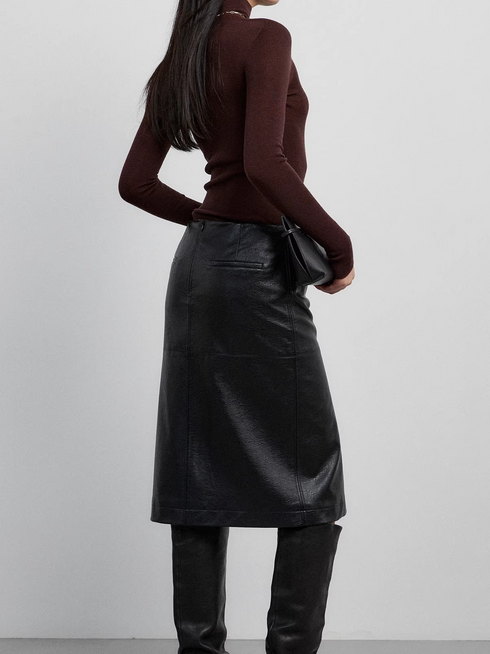 European Vegetable-Tanned Oiled Sheepskin Pencil Skirt | Split Hem Cross-Panel Leather Midi Skirt