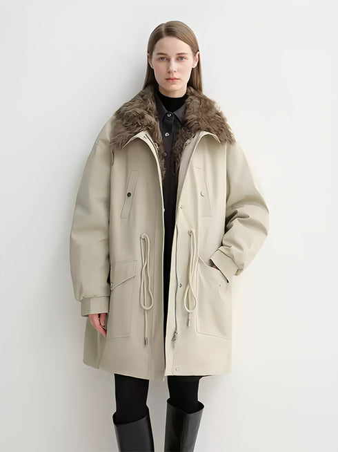 Mid-Length Down Parka with Detachable Wool Collar — Warm 90% Goose Down Fishtail Coat for Women