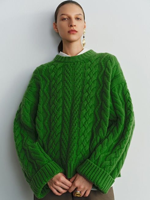 Retro Green Wool Cable Knit Sweater – Loose Christmas Pullover for Women, Autumn Winter Outfit
