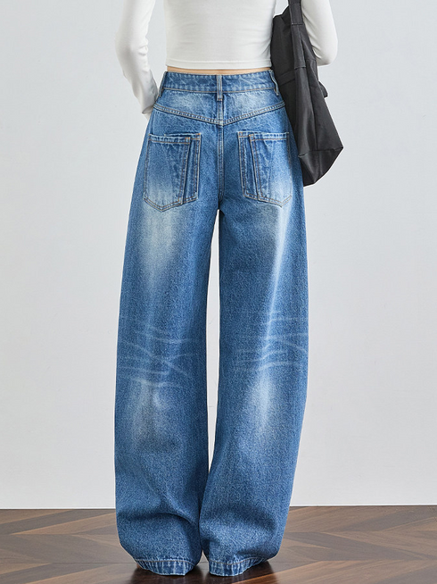 Women's High-Waist Extended Curved Seam Jeans – Loose Wide-Leg Scythe Pants for Tal