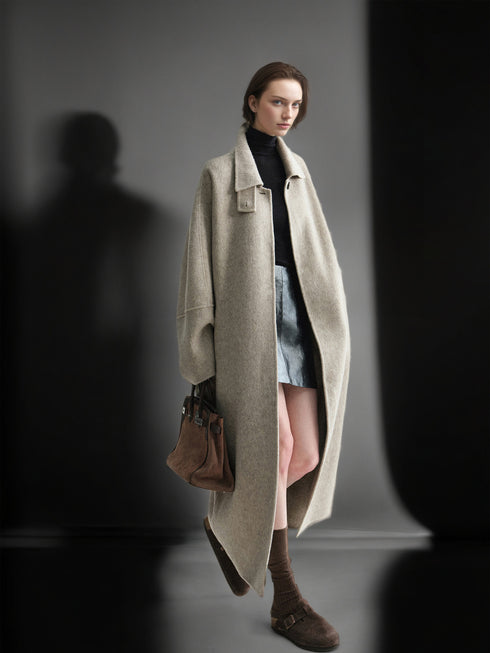 Tailored Wool, Camel & Yak Hair Coat with Complimentary Triangle Scarf – Old Money Style Double-Faced Wool Overcoat for Women Fall/Winter