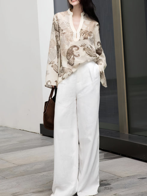 Old Money Style 100% Linen Printed V-Neck Top & Casual Pants Set – Autumn New