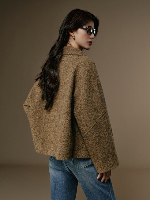 Women's Wool Tweed-Effect Coat with Sculptural Lapel and Asymmetric Front Closure – Structured Winter Overcoat