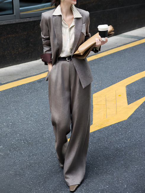 Vintage Old Money Style Fashion Set | Autumn High-End Linen Blazer Shirt & Trousers Two-Piece Outfit