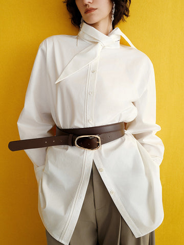 Designer Cotton Scissor-Collar Shirt | Two-Way Tie-Waist Oversized Blouse in Pure Combed Cotton
