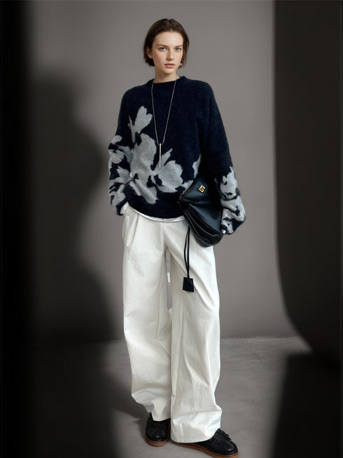 Women’s Wool Cashmere Jacquard Knit Sweater | Soft Brushed Pullover with Relaxed Fit for Fall Winter