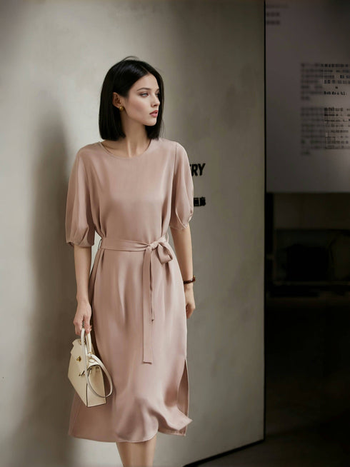 Heavy Crepe Silk Dress – 30 Momme Mulberry Silk, Tie Waist & Elegant Short Sleeves