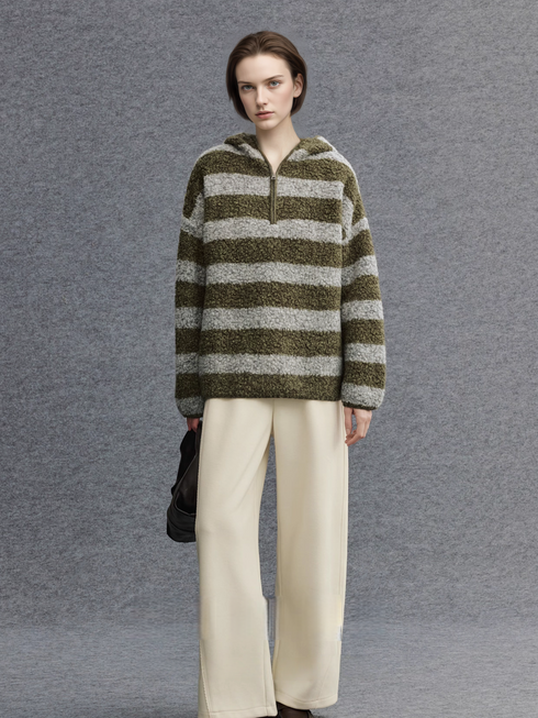 Pure Wool Hooded Striped Sweater for Women | Relaxed Half-Zip Loose-Fit Textured Knit Pullover