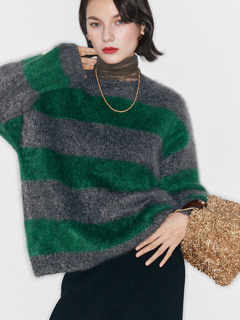 Nordic Christmas Night | Heavyweight Luxurious Brushed Cashmere Color-Block Striped Relaxed Soft Crewneck Sweater – Premium Winter Knitwear