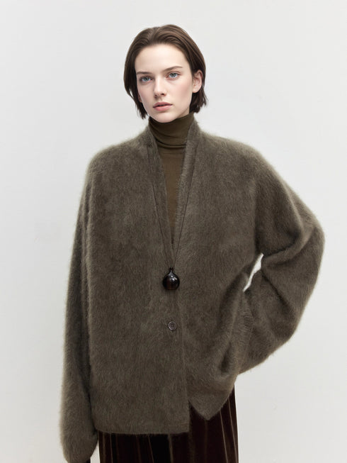 100% Cashmere Brushed Knit Cardigan for Women | Soft Skin-Friendly Loose Fit Sweater Coat