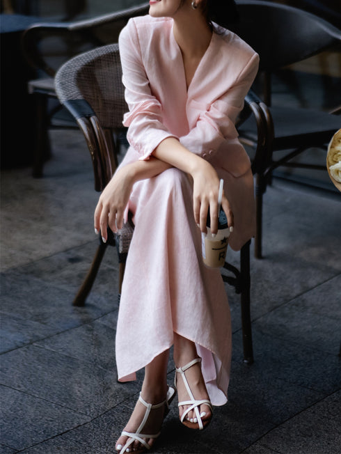 Casual Professional Set – Autumn Pink Linen Blazer & Skirt Two-Piece