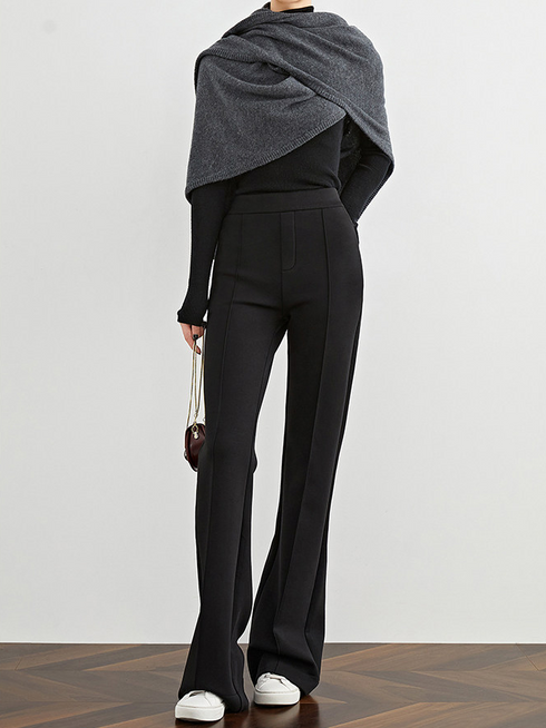 Women's Black Horseshoe Pants – Fleece-Lined Slim Straight Slightly Flared Casual Trousers for Fall/Winter