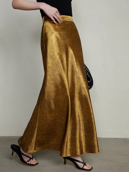 Vintage 100% Acetate Gilded Gloss Pencil Skirt for Women — Textured Crackle Lines, Elegant High-Waist Slim Skirt