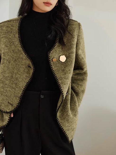 Women's Designer Green Wool Coat with Reversible Scarf – Double-Faced Wool Winter Overcoat