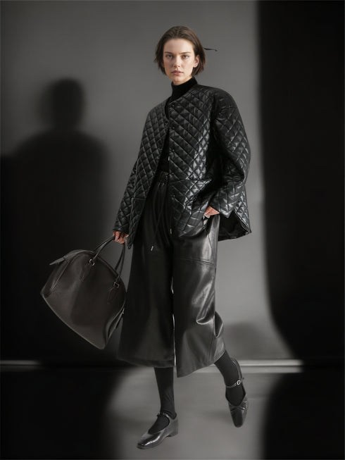 Women’s Genuine Sheepskin Culottes | Cropped Wide-Leg Leather Pants with Elastic Waist, Casual Office Style