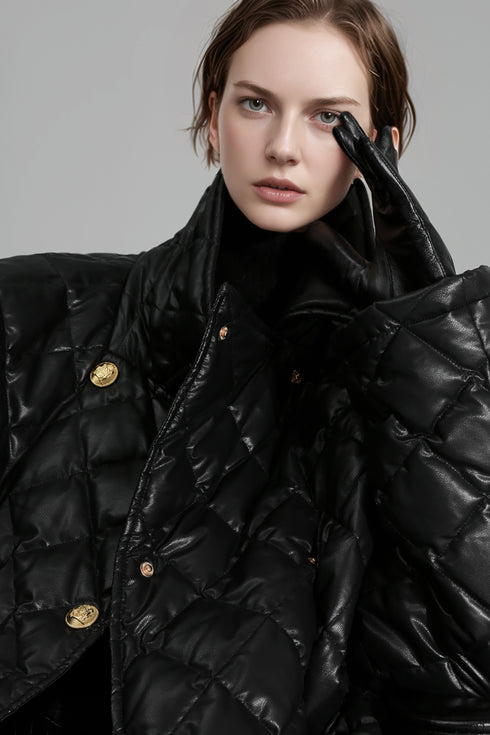 Quilted Lambskin Down Coat for Women – Elegant Mid-Length Slim Fit Jacket with Waist Design, White Duck Down Winter Outerwear