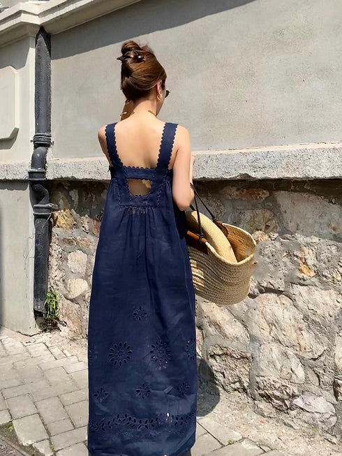 Navy Blue Spaghetti Strap Long Dress for Women – Summer Beach Vacation Style, Hollow Embroidered, High-End Sexy Look