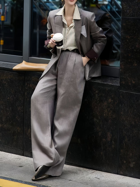 Vintage Old Money Style Fashion Set | Autumn High-End Linen Blazer Shirt & Trousers Two-Piece Outfit
