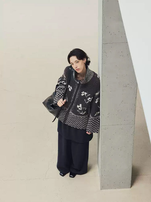 Women’s Wool-Blend Fair Isle Geometric Knit Sweater Jacket – Vintage Stand Collar Fall Winter Cardigan