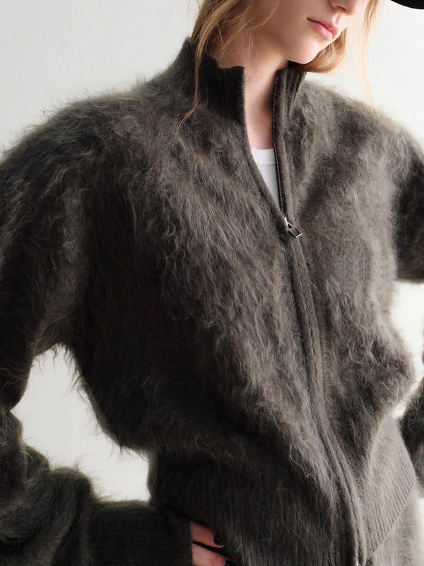 Luxury Brushed 100% Cashmere Stand-Collar Zip-Up Cardigan | Soft Fleece-Like Knit Sweater for Women