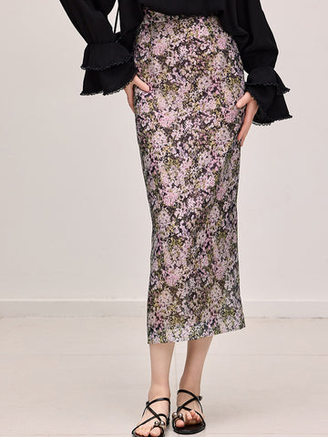 Sheer Acetate Floral Pencil Skirt – Pink High-Waist Midi with Back Slit, Fall Collection