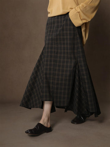 Designer Autumn Old Money Style Asymmetrical Fish Tail Plaid Midi Skirt - Lightweight Long-Length
