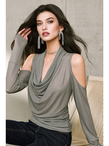 Silk Acetate Crinkle V-Neck Knit Top – Off-Shoulder Draped Design, Gathered Waist, Slimming Long Sleeve