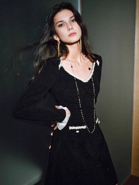 Heavyweight Silver-Thread Bouclé Dress with Custom Ribbon – Tweed-Style Fitted Waist A-Line Dress for Women