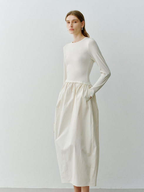 Women's Minimalist Smart-Style Long-Sleeve T-Shirt Dress with Cotton-Feel Panels – Elegant Maxi Bubble Skirt