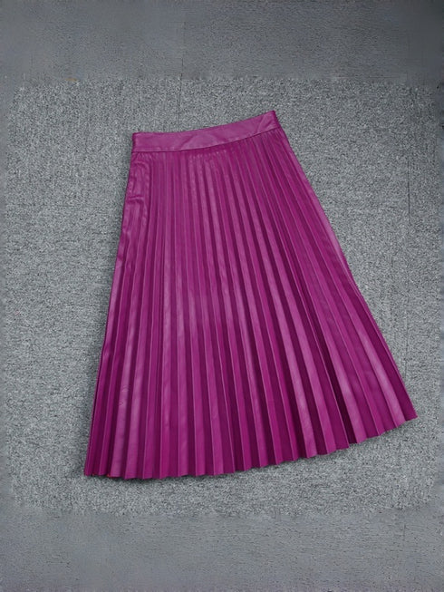 Women's Elegant Vintage High-Waisted Lambskin Leather Pleated Midi Skirt – Luxury Genuine Leather Skirt