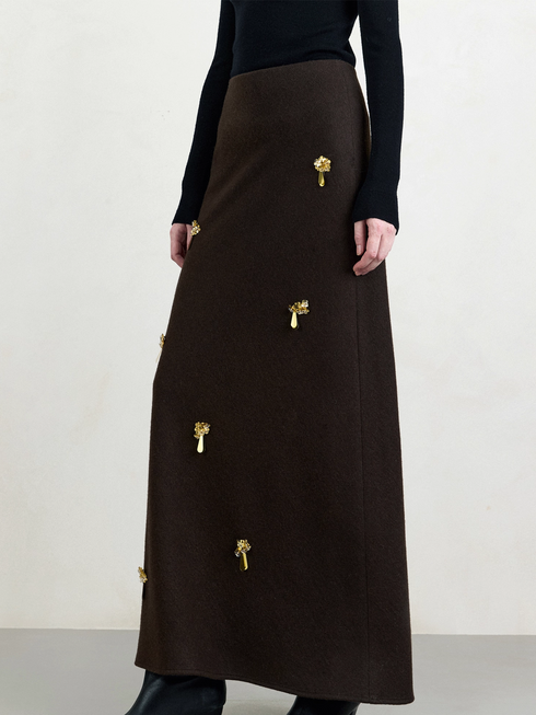 French Holiday Style Beaded Bias-Cut Wool Midi Skirt for Women – Slimming A-Line Design