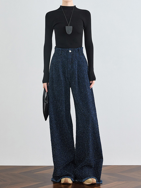 Women's Dark Blue High-Waist Wide-Leg Jeans – Extended Length Frayed Hem Floor-Length Denim Pants for Tall