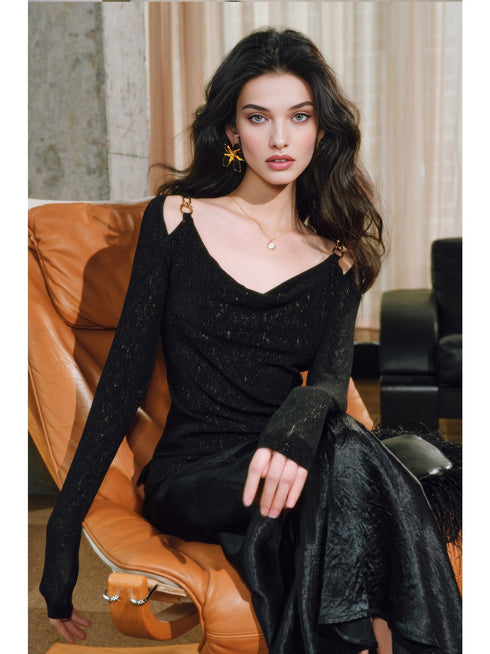 Women’s Starry Sea Luster Knit Top – Draped Neckline, Textured Pleating & Metal Chain Slim Fit