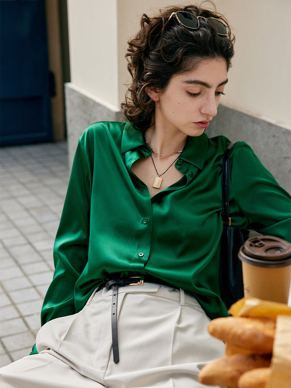 Women's Heavyweight Mulberry Silk Shirt – Relaxed-Fit Solid Color Collared Silk Blouse