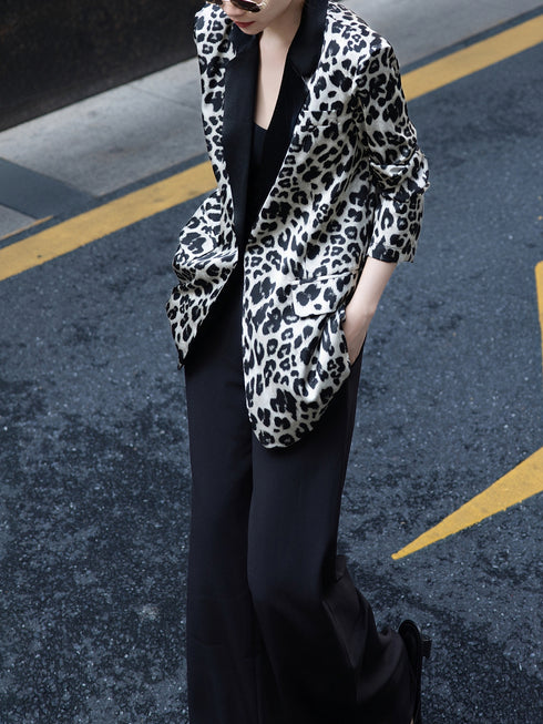 Leopard Print Satin Acetate Blazer – Early Autumn Casual Designer Jacket for Women